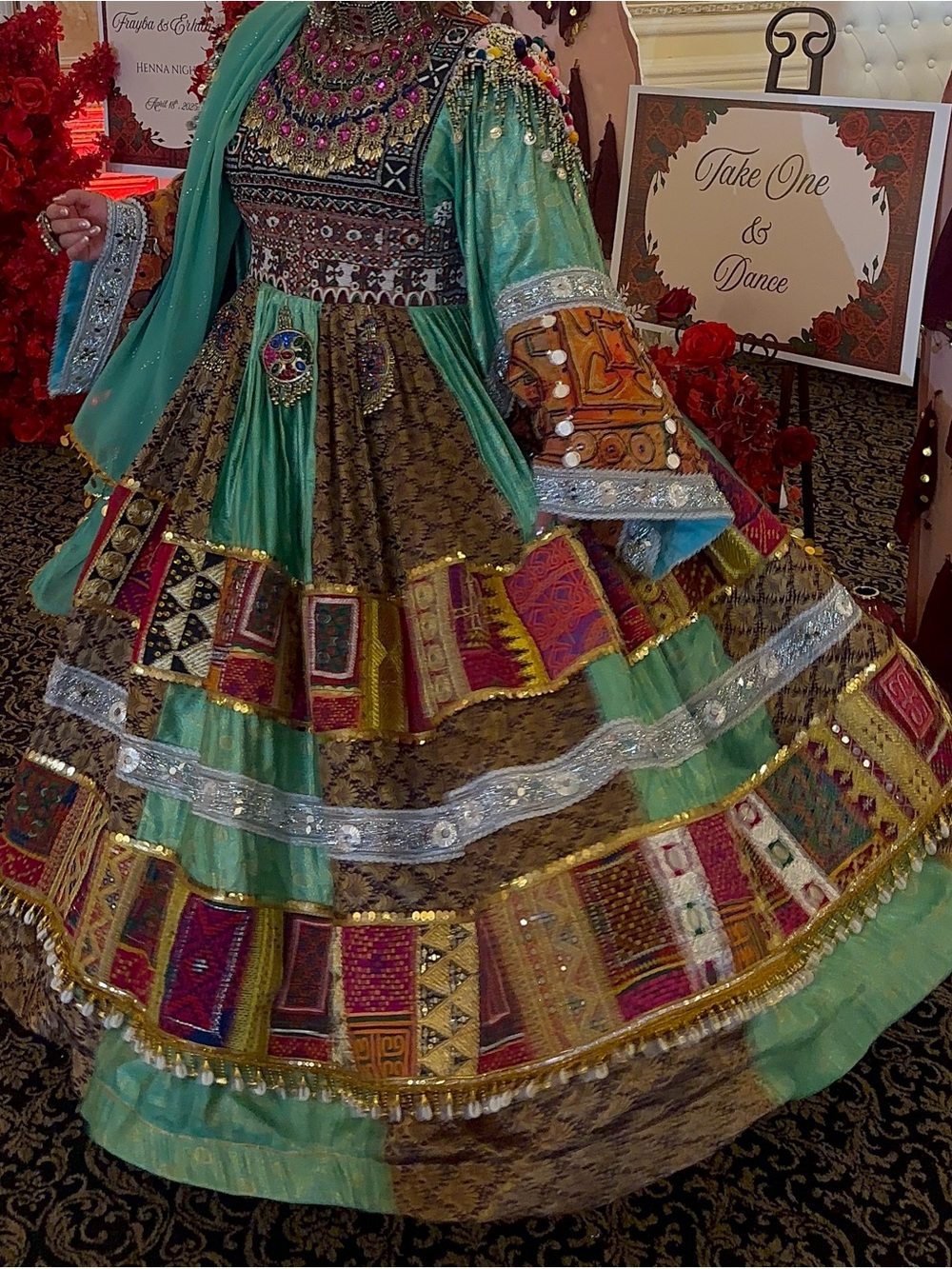Afghan Embroidered Green Patchwork Wedding Dress with Silver Trim